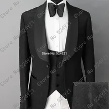 Мужские костюмы с черным рисунком, смокинги для жениха, шаль с атласными лацканами, Женихи, мужские свадебные костюмы для лучших мужчин(пиджак+ брюки+ жилет+ галстук-бабочка) C693