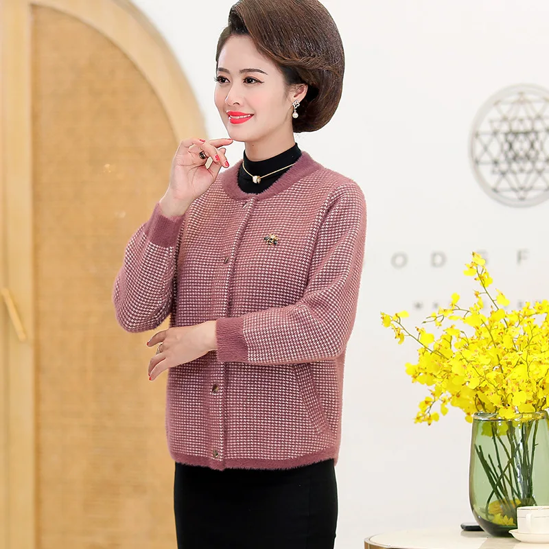 

2019 New Style Mom Autumn And Winter-Imitation Mink Velvet Jacket Middle-aged Autumn And Winter Knitted Cardigan Middle-aged WOM
