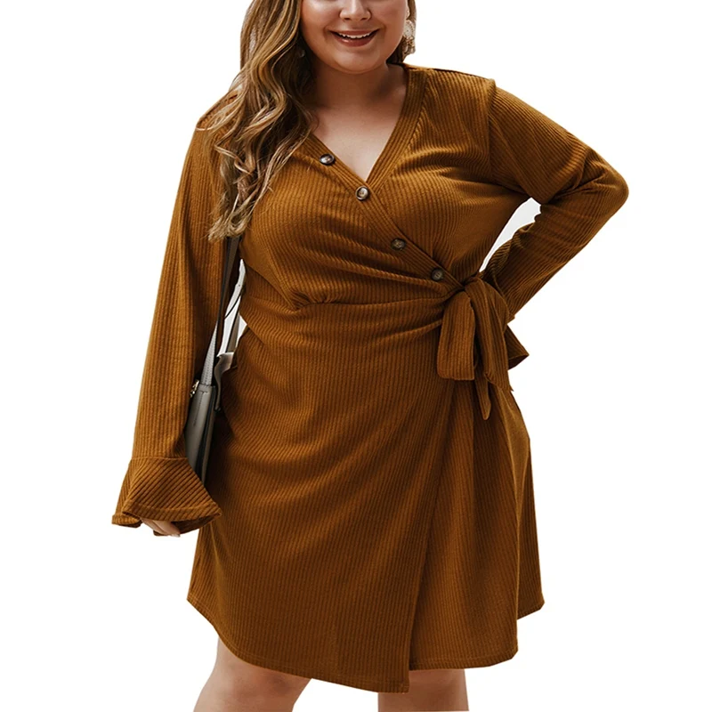 Осеннее платье с длинными рукавами большого размера 4XL5XL 6XL 7XL 8XL сексуальное платье с глубоким v-образным вырезом и асимметричным подолом модное платье на пуговицах обхват груди 130 см - Цвет: Шампанское
