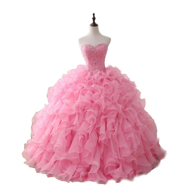 Розовые платья Quinceanera длинное платье для выпускного вечера органза с бисерной вышивкой бальное платье для танцев vestidos De 15 Anos Сладкий 16 платья