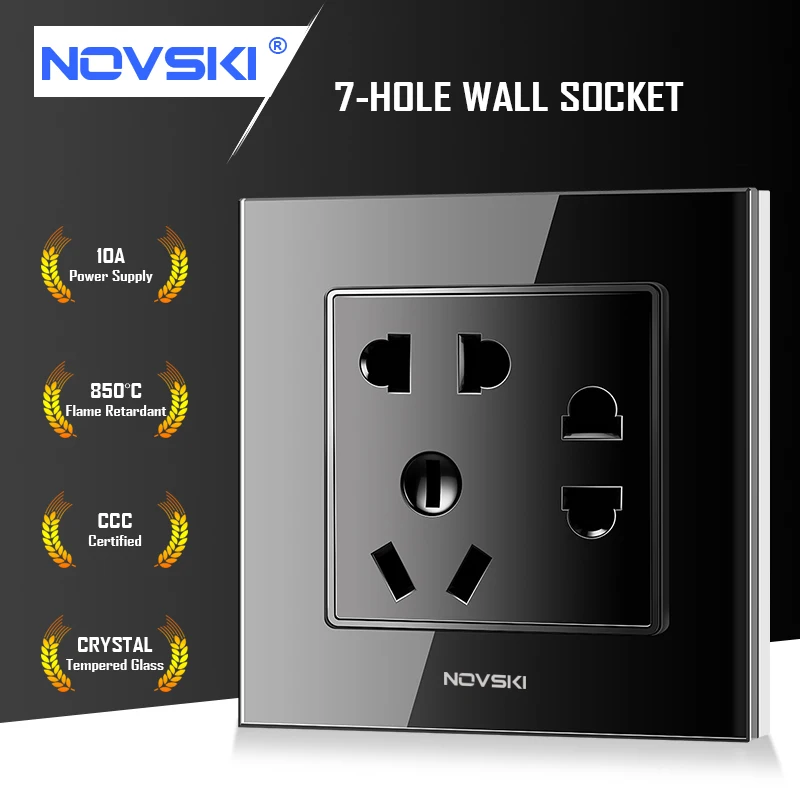 NOVSKI GB 7-Hole 10A настенная розетка немецкий Bayer огнестойкий материал, панель из закаленного стекла 86*86 220-250 В, заземленная