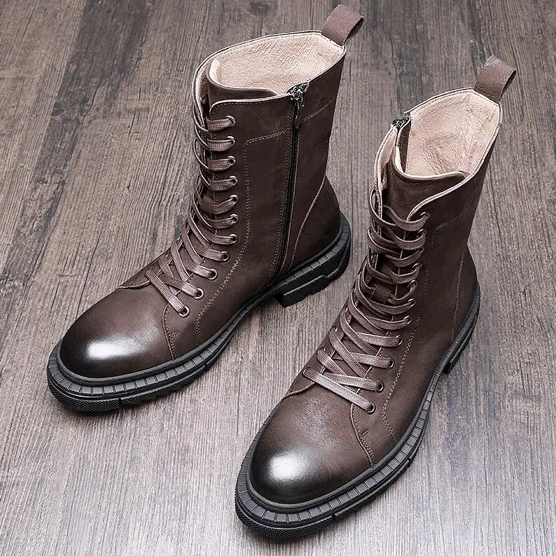 Must Have! Mid-calf Boots Men Full Grain Leather Lace UP Zip Boots Soliders Desert Boots Trendy Winter Shoes Man