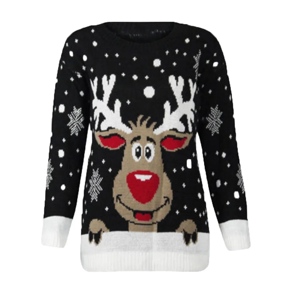 Дизайн, Зимний Теплый Женский Рождественский свитер с принтом оленя и круглым вырезом, топы с длинными рукавами, Модный женский свитер