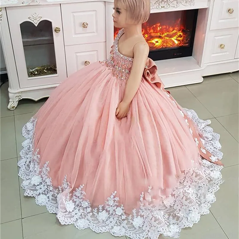 164Luxury Crystals Flower Girls Dress Pageant Dresses Ball Gown 3D Floral Crystals Toddler Infant Clothes Little Girls Birthday Gown with Bow