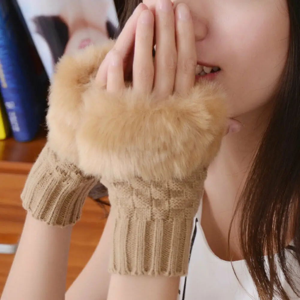 Women Winter Warm Half Finger Gloves Faux Fur Warm Wrist Knitted Wool Gloves Cuff Mitten