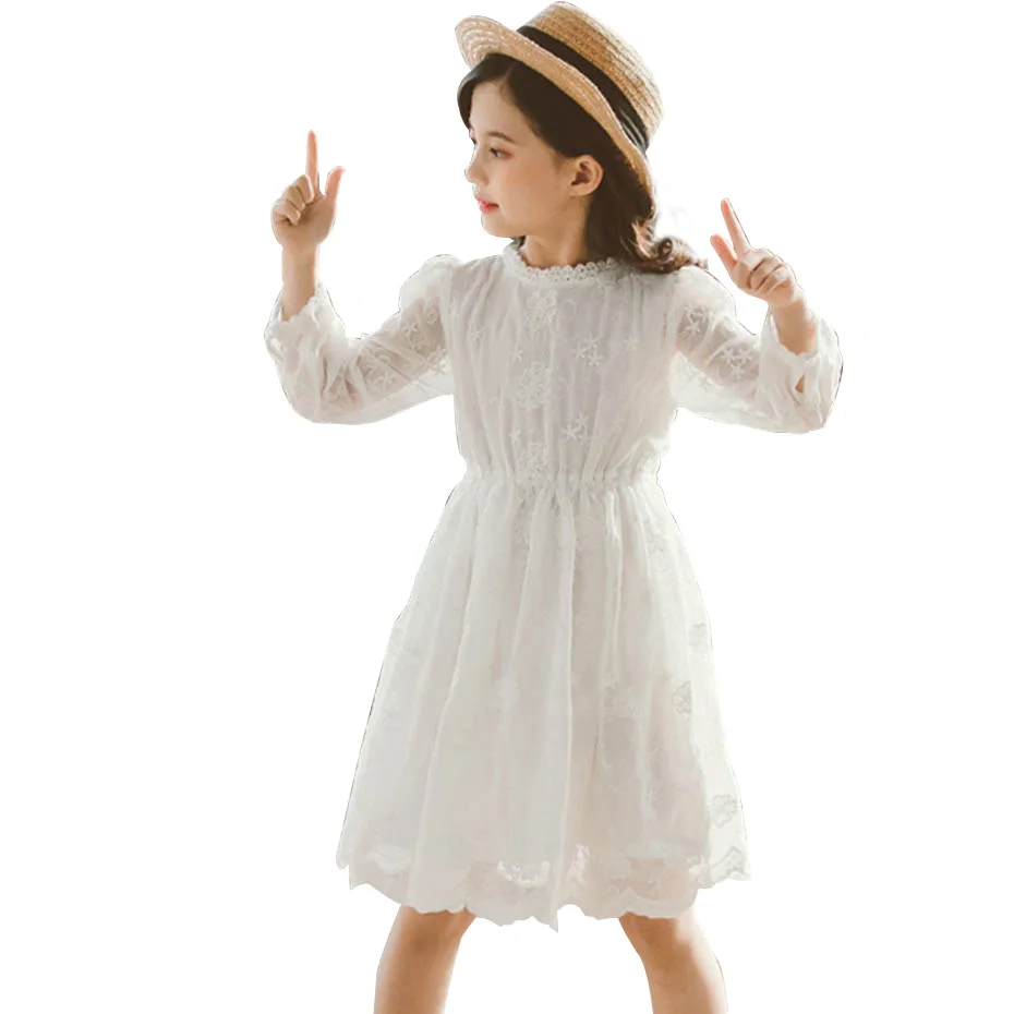 Spring Dress Girl White Lace Princess For Girls Flower Embroidery Kids Party Dresses Summer Sweet Teenage Clothes | Детская одежда и