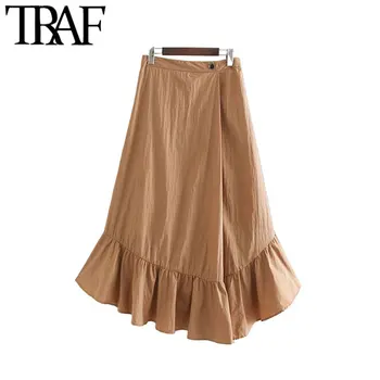 

TRAF Women Vintage Stylish Ruffles Irregular Maxi Skirt Fashion Side Zipper Buttons Female Skirts Casual Faldas Mujer