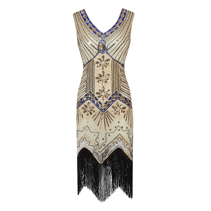 Женское платье в винтажном стиле, 1920 s, платье Грейт Гэтсби, летние вечерние платья без рукавов, костюмы с v-образным вырезом, с блестками, с бахромой, вечернее платье средней длины - Цвет: C14