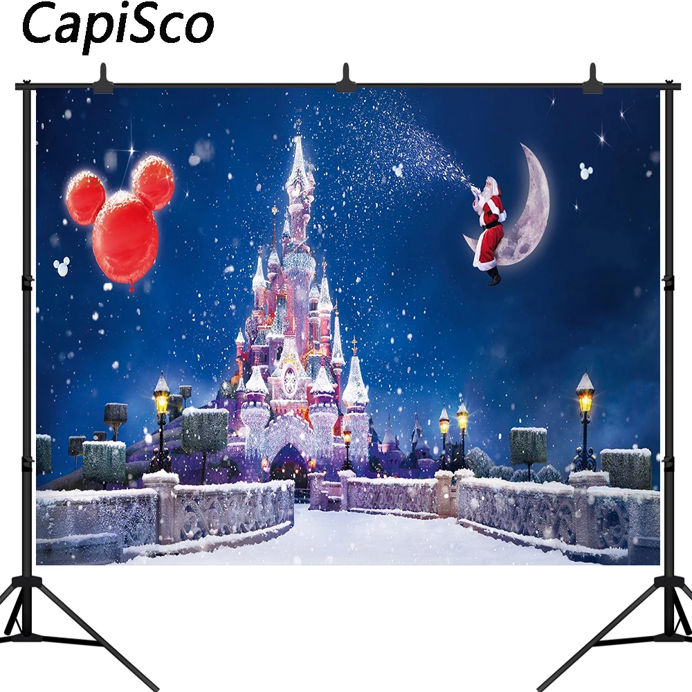 

Capisco Winter Wonderland photography backdrops Christmas Balloons Castle Snowflake Santa Claus Photo Background Studio Props