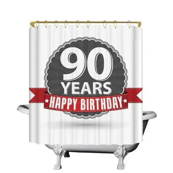 

90th Birthday Decorations Shower Curtain,Retro Label with Red Ribbon Vintage Emblem Stars Classical for Hotel Bath,70" W x 90" H