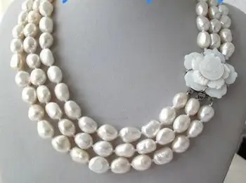 

3 Strands 9-10White Baroque Freshwater Pearl Necklace Shell Flower Clasp