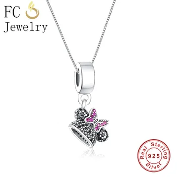 

FC Jewelry 925 Sterling Silver Cartoon Minnie Head Black Zirconia Crystal Pendant Necklaces Women Femme Chain Choker Trinket