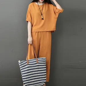 Womens Blouse Bamboo Cotton Linen Blouse Half Sleeve Loose Tops 7 points Pants Summer 7-point wide-leg pants Two Piece Set