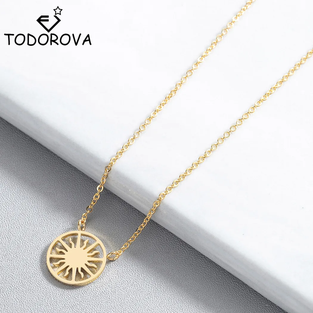 Todorova Simple Golden Sun Necklaces Pendants for Women Stainless Steel Jewelry Dainty Sun Wheel Round Circle Vintage Necklace