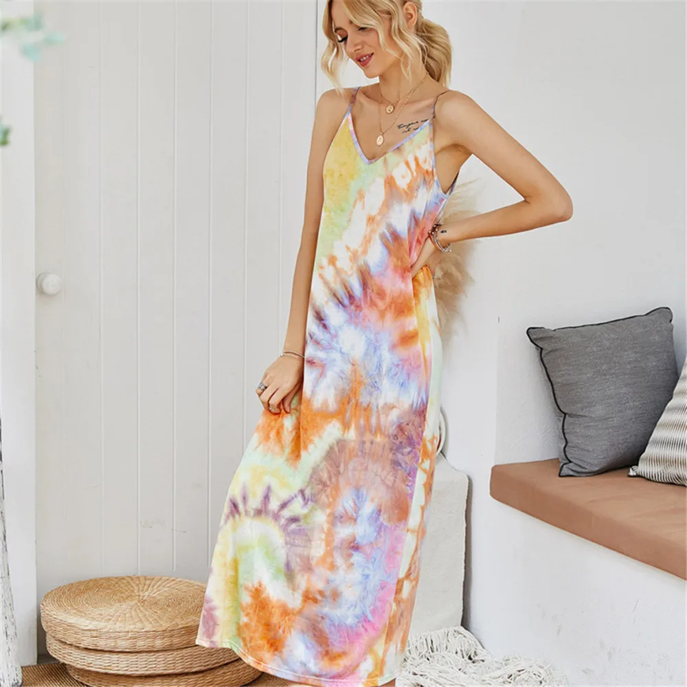 

Women Loose Sleeveless Strap Maxi Dresses V-Neck Gradient Color Tie-Dye Print Suspender Dress Summer Casual Sling Long Dress