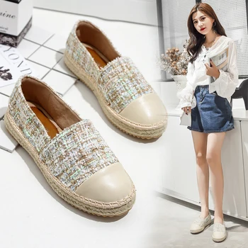 

2019 spring and autumn new women's loafers straw grass flat round head set feet female fisherman canvas shoes summer student