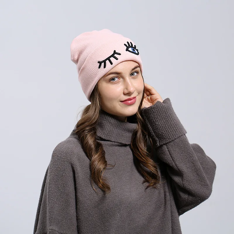 Розовые женские Gorros Mujer Invierno зимние шапочки с милыми вышитыми глазами, Высококачественная вязанная шерстяная шапка, вязаная шапка