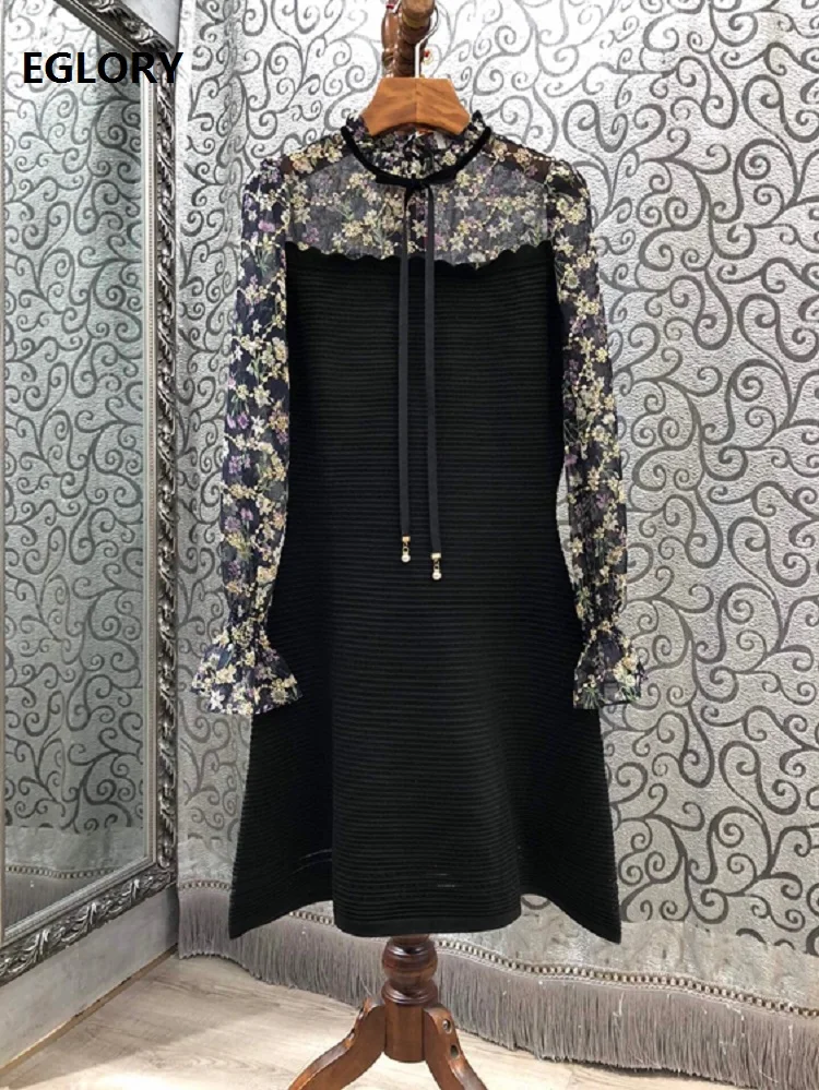 

Knitted Dress 2020 Autumn Winter Fashion Style Women Vintage Floral Print Patchwork Long Sleeve Casual Black Long Sweater Dress