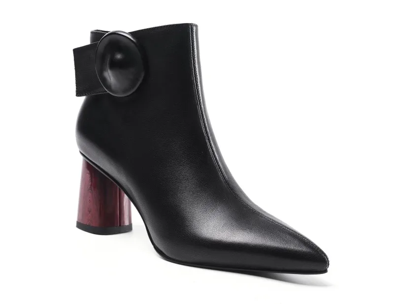 

LIDIAN 2019 AUTUMN GENUINE LEATHER BOOTS POINTED TOE THICK HIGH HEELS PAINTED WOOD
