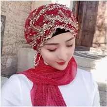 Fashion Hijabs Muslim Islamic Scarf Scarves for Woman Long Underscarf Moslima Solid Color with Bead Prayer Turbante