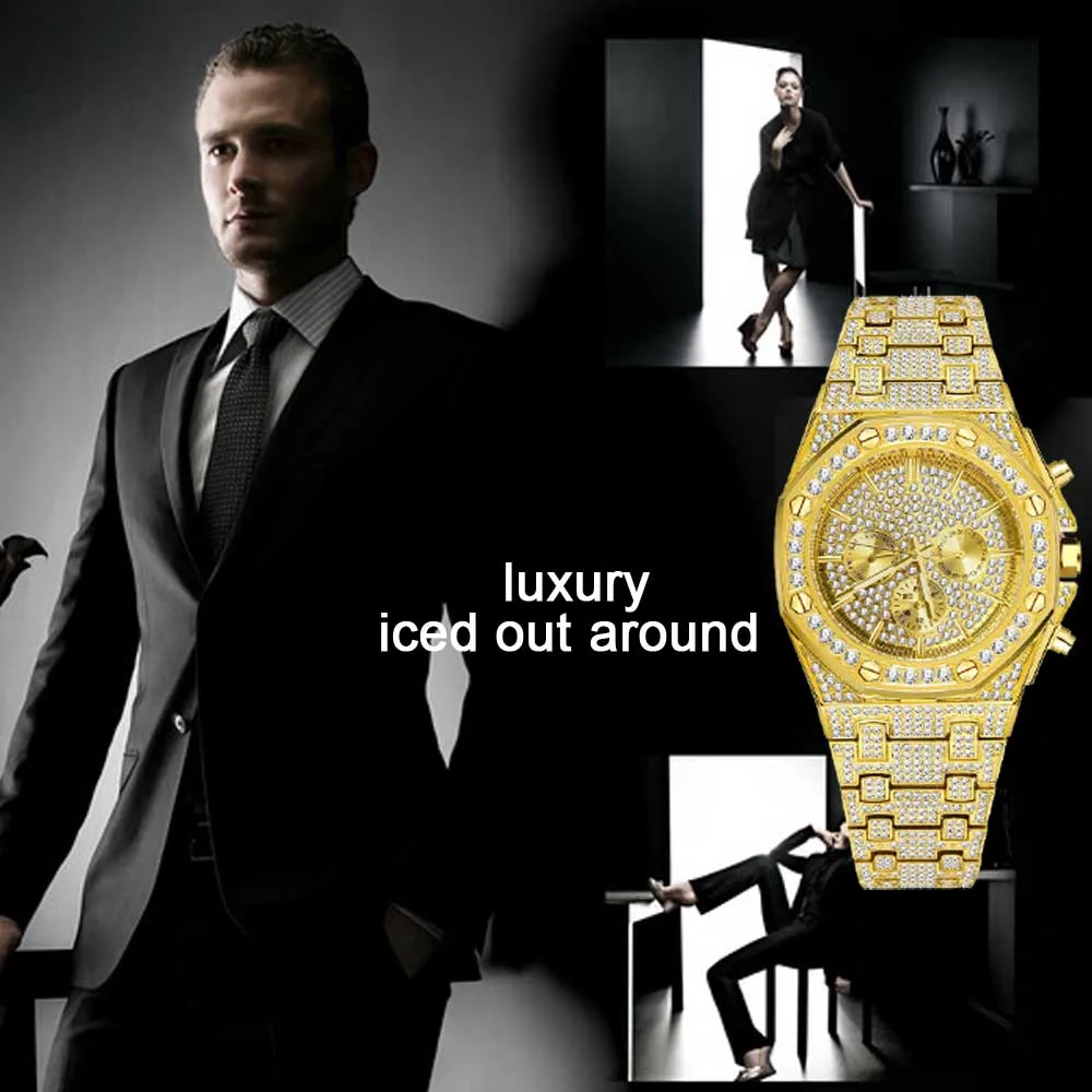 Free Dropshipping Big Men Watches 2020 Luxury Design Classic Waterproof Silver Bling Watch Stainless Steel Bracelet Wristwatch Clock 18K Gold Male Clock  (46)