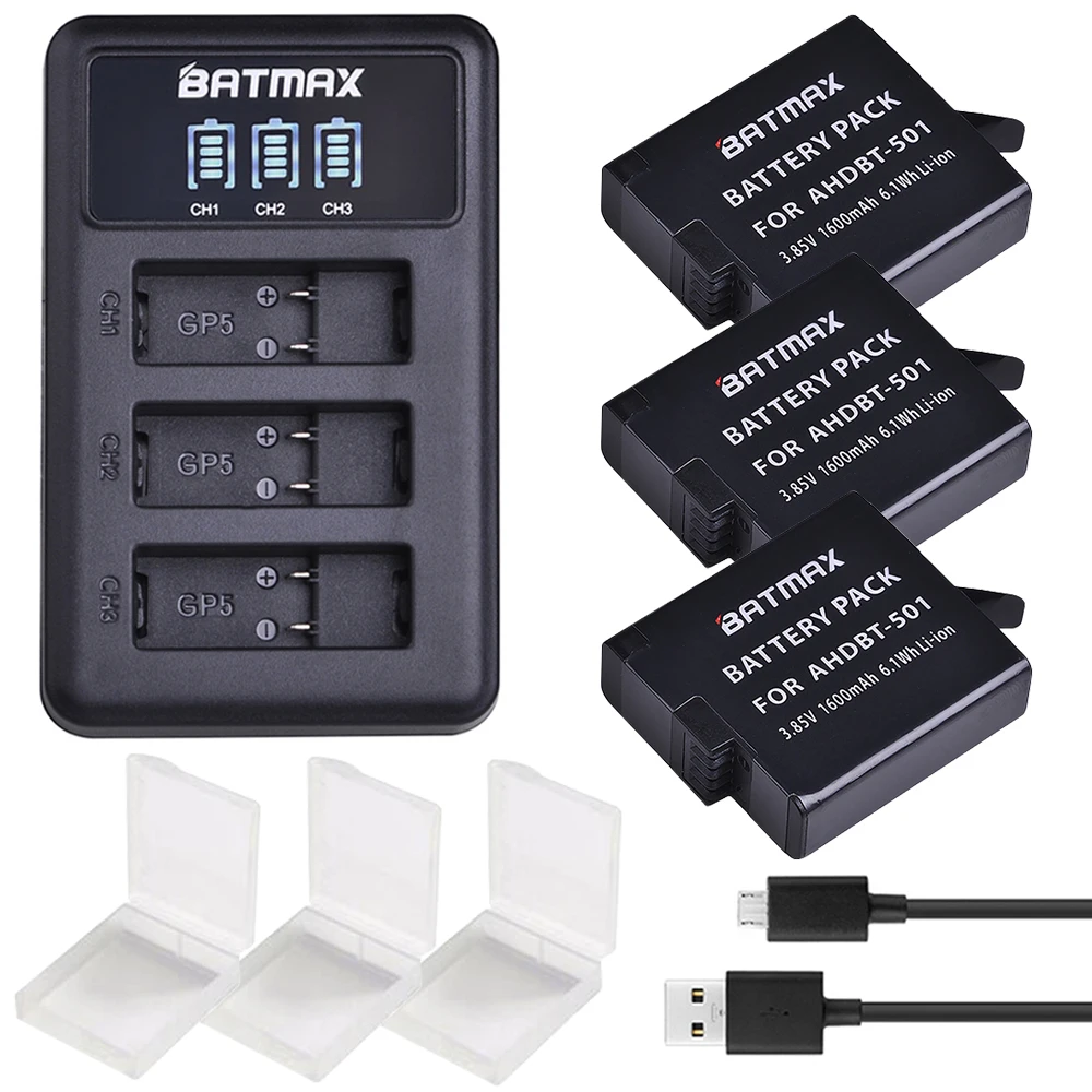 3 шт. батареи для GoPro Hero 7 Gopro 6/5 AHDBT-501 батарея+ светодиодный 3-слотовый USB зарядное устройство с портом type C для GoPro аксессуары - Цвет: 3Pcs sets