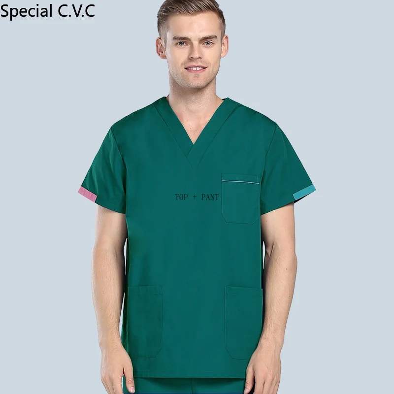 

Men's Scrubs Top Color Blocking Design V-neck Short Sleeve Top Pure Cotton Uniforms Summer Doctor Workwear(Just A Top)