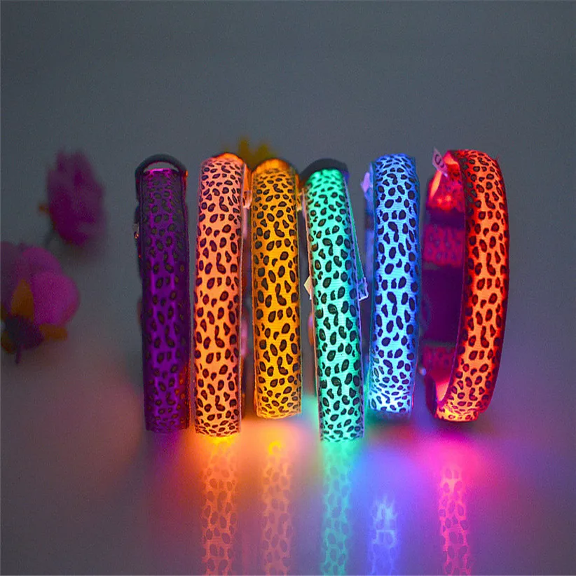 Dog Collar Pet Supply Adjustable Leopard Print Lighting Glow in Dark LED Cat Safety Collar Pet Supplies correa perro colier chie