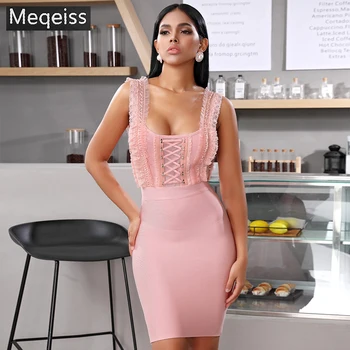 

2019 Summer Sexy Sleeveless Bodycon Club Celebrity Evening Party Dress Pink Lace Ruffles Sheath Bandage Dress Women Vestidos