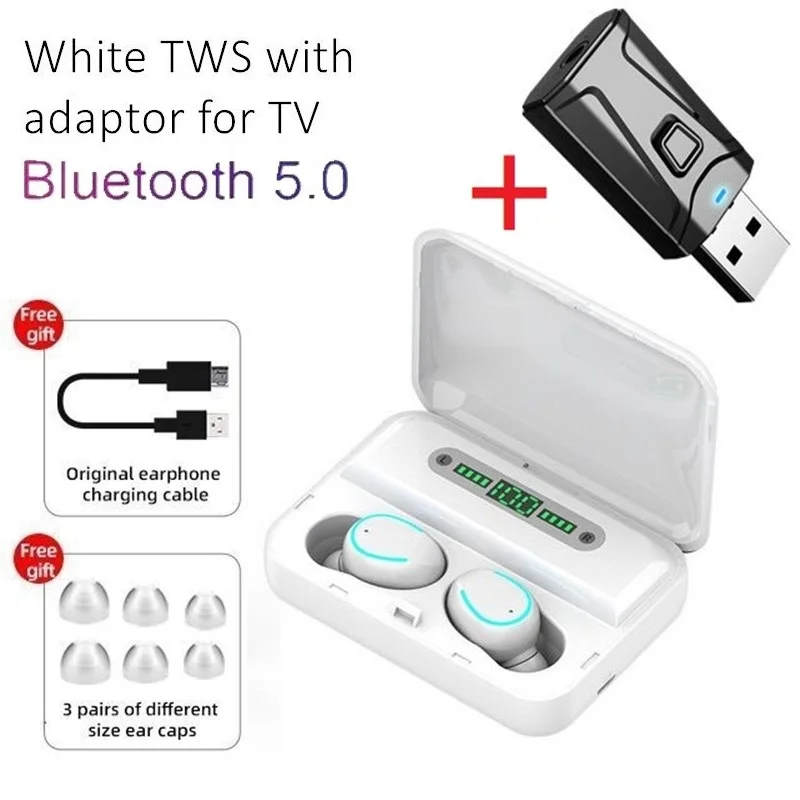 F9-5 TWS Earphone Wireless Stereo CVC 8.0 Earbud with Mic Charge Box Power Bank USB Bluetooth Adaptor for Xiaomi Samsung TV Game 