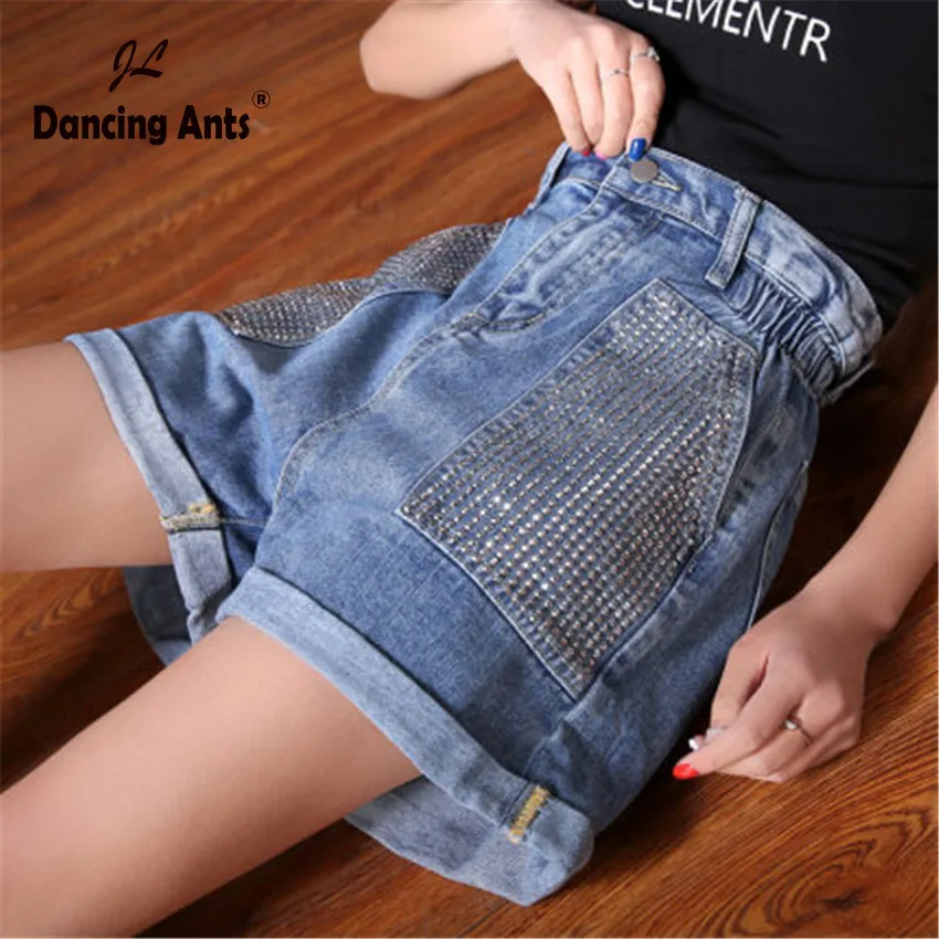 

Woman Denim Shorts High Waist Wide-leg Loose Jeans Short 2020 Fashion Korean Style Solid Sequined Elastic Waist Female Shorts