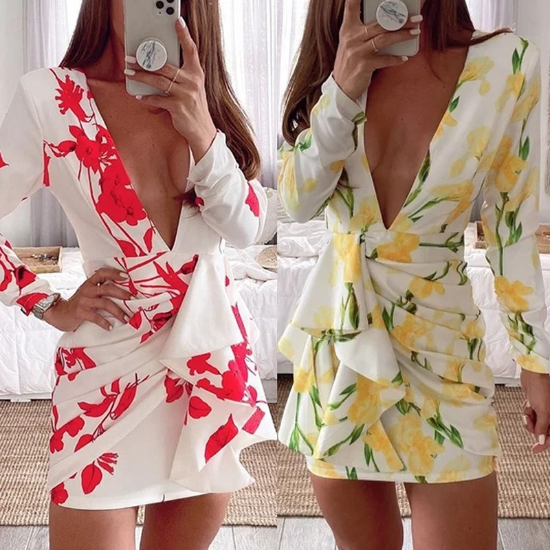 

Donsignet Women Backless Dress Spring Autumn Fashion Women's Printed Deep V-Neck Long Sleeve Sexy Slim Dress Vestido Feminino