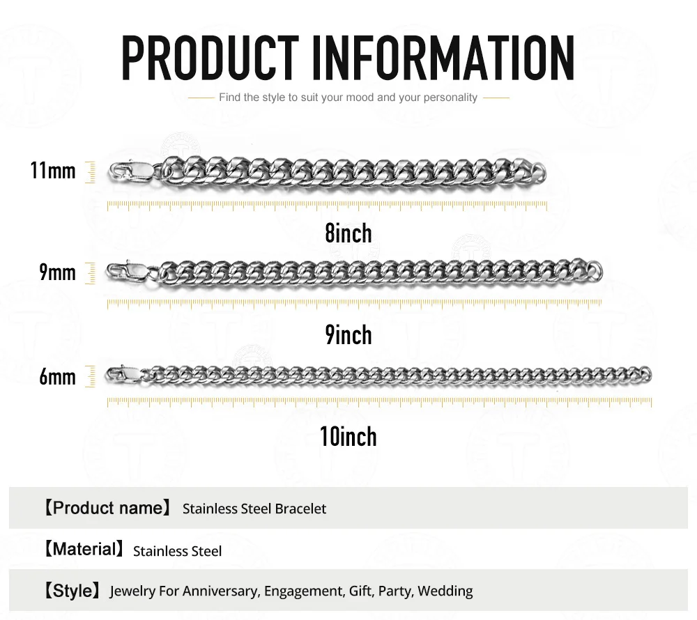 6/9/11 мм браслет для Для мужчин Для женщин Серебряный Цвет золото Цвет черный Нержавеющая сталь КУБИНСКИЙ звено цепи мужской ювелирные изделия 8-10 дюймов KBM168