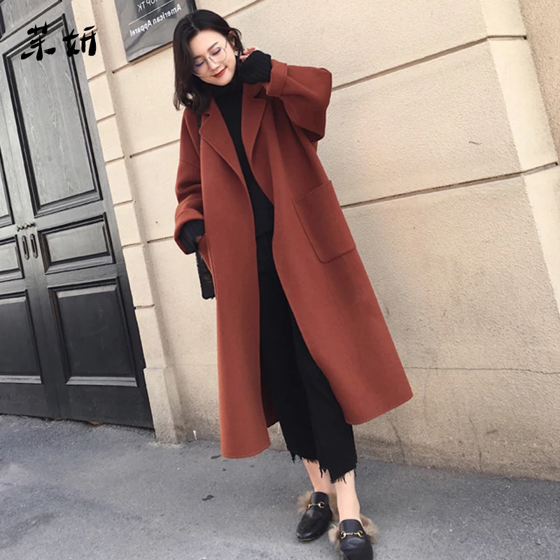 

New Autumn Winter Women Long Hepburn Cashmere Coat Casual Female OL Style Turn Down Collar Belt Loose Fit Outwear