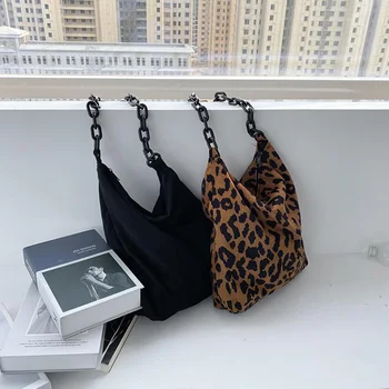 

Vintage Acrylic Chains Women Shoulder Bags Designer Large Capacity Totes Leopart Corduroy Purses Female Casual Crossbody Bag