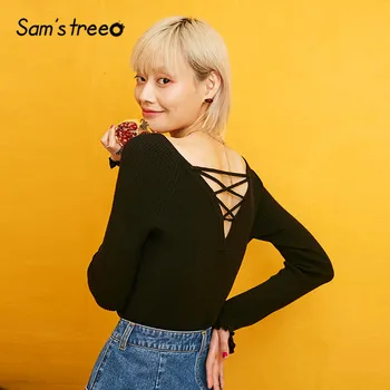 

SAM'S TREE Black Solid Criss Cross Lace Up Minimalist Pullover Sweater Women 2019 Winter Cut Out Frill Sleeve Office Ladies Tops
