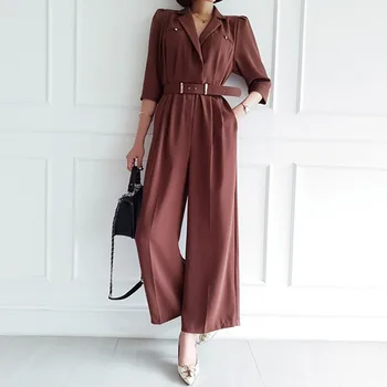 

2020 Spring New Korean Style Solid Slim Jumpsuits For Women Notched Half Sleeve Sashes Ladies Wide Leg Long Rompers Hot Y474