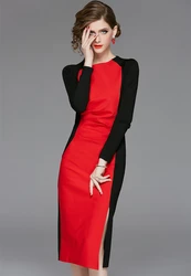 Women's New High-end Retro Dresses Improved Cheongsam Color Contrast Celebrity Hip Long Sleeve Dress Robe de mariée prom dresses