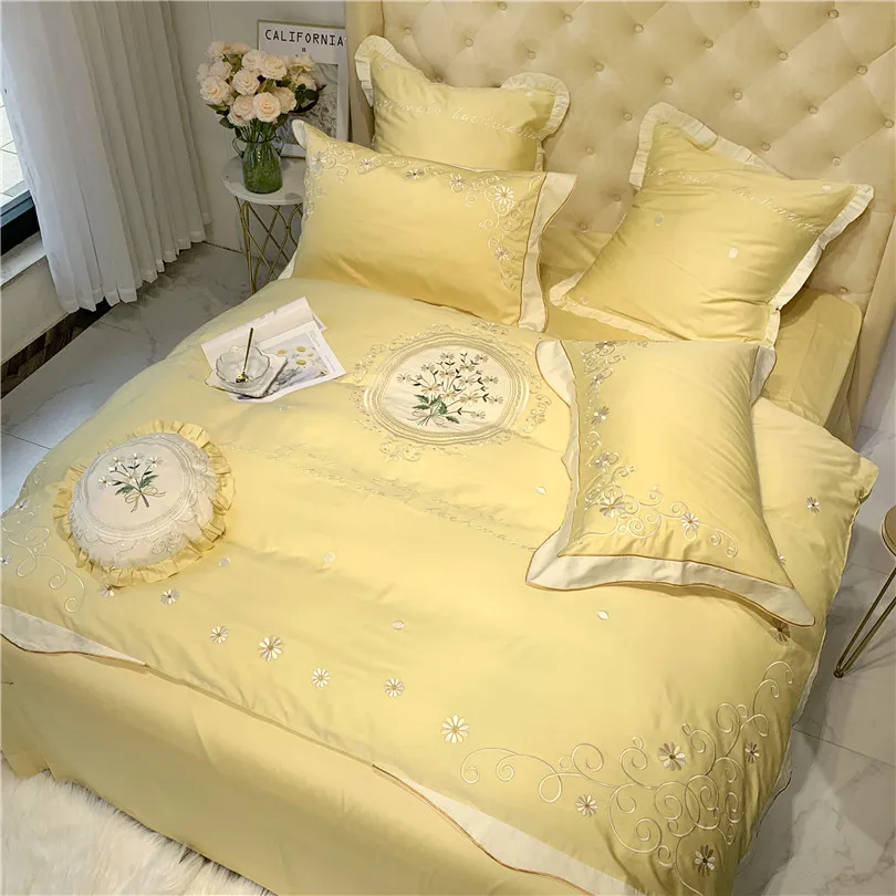 Egyptian Cotton Embroidery Duvet Cover Set Pink Green Yellow Queen