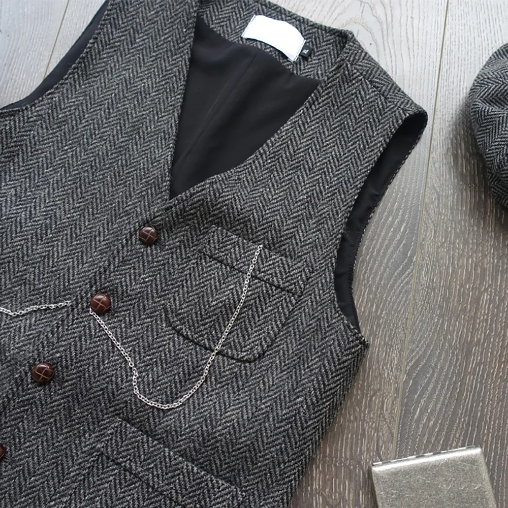 Men's Suit Formal V Neck Wool Green Herringbone Tweed Casual Waistcoat Formal Business Vest Groomman For Wedding 5
