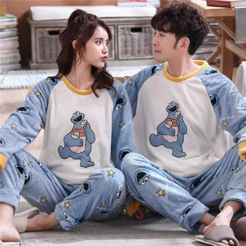 

Winter New Long Sleeve Women Pajamas Set Warm Big Eye Bear Flannel Pajama Couple Coral Velvet Sleep Wear Pyjamas 2Piece Set
