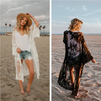 

2020 New Summer Women Lace Cardigan Shawl Coat 2Colors Long Women Swimwear Cover Up Blouse Tops Sexy Bathing Suit Cape Swimsuit