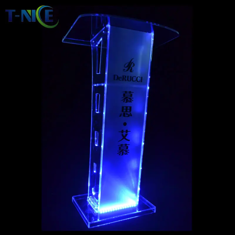 Church Pulpit Led Lights Commercial Furniture Podium With Built-in Shelf Clear Stand Lectern Glass Rostrum
