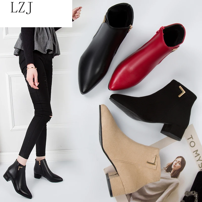 

Women Boots Casual Leather Low High Heels Spring Shoes Woman Pointed Toe Rubber Ankle Black Red Zapatos Mujer Plus Size 35-42