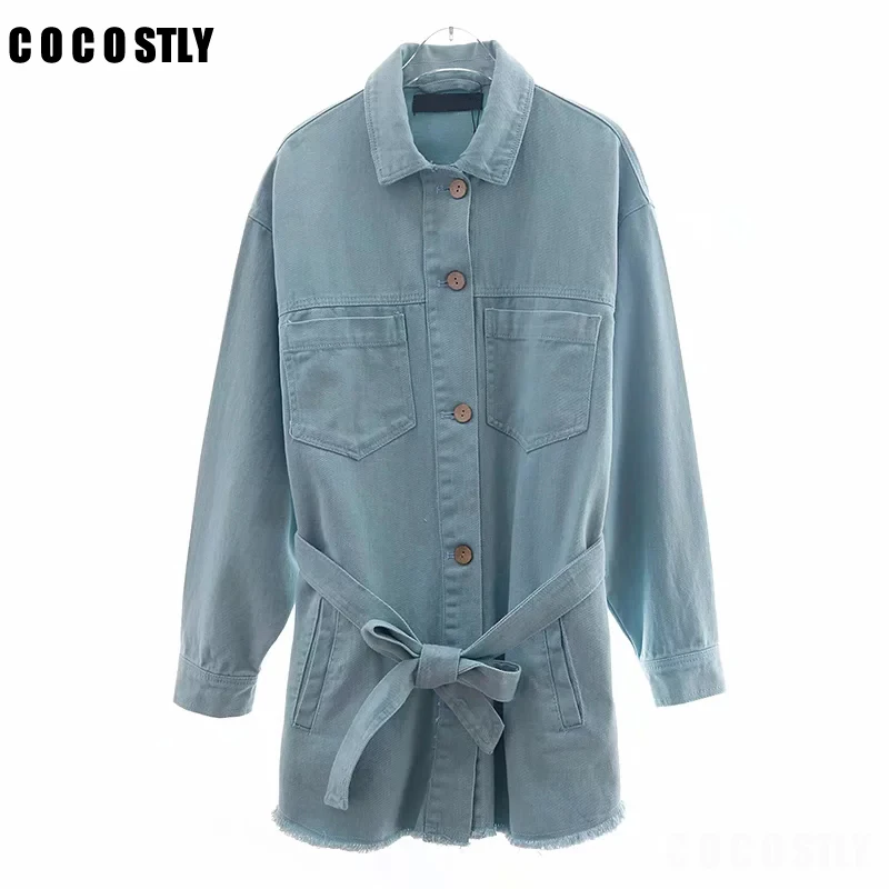 

Women Long Denim Jacket With Belt Autumn ZaWomen Basic Coat Winter Denim Jacket For Women casual Jean Jacket Female Outwear