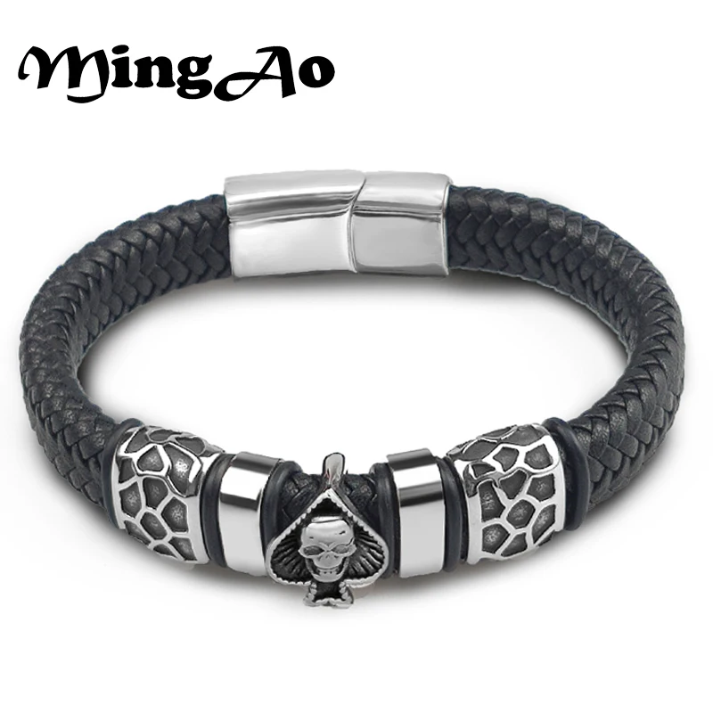 MingAo 12*6mm Braided Leather 316l Stainless Steel Charm Male Bracelets Spades Skull Head Bangle Punk Wristband Men’s Jewelry