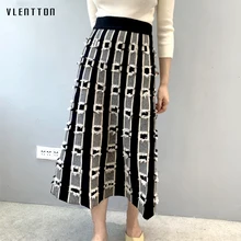 Осенне-зимняя трикотажная юбка с высокой талией, женская модная Корейская Повседневная полосатая длинная трикотажная плиссированная юбка, Femme Faldas Mujer