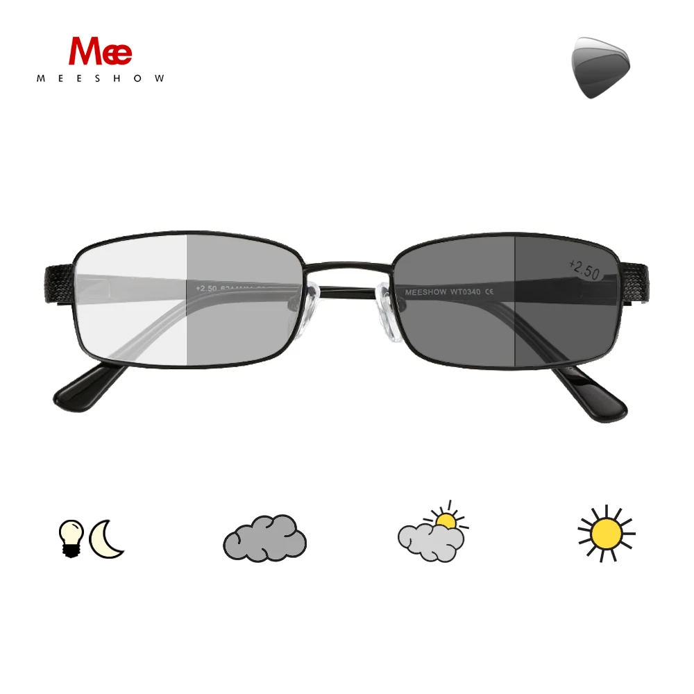BlackPhotoGray Meeshow фотохромные очки для чтения с защитой от уф400 лучей мужские очки из нержавеющей стали с диоптриями очки для чтения+ 1,5+ 2,5 WT0340 - Цвет оправы: BlackPhotoGray