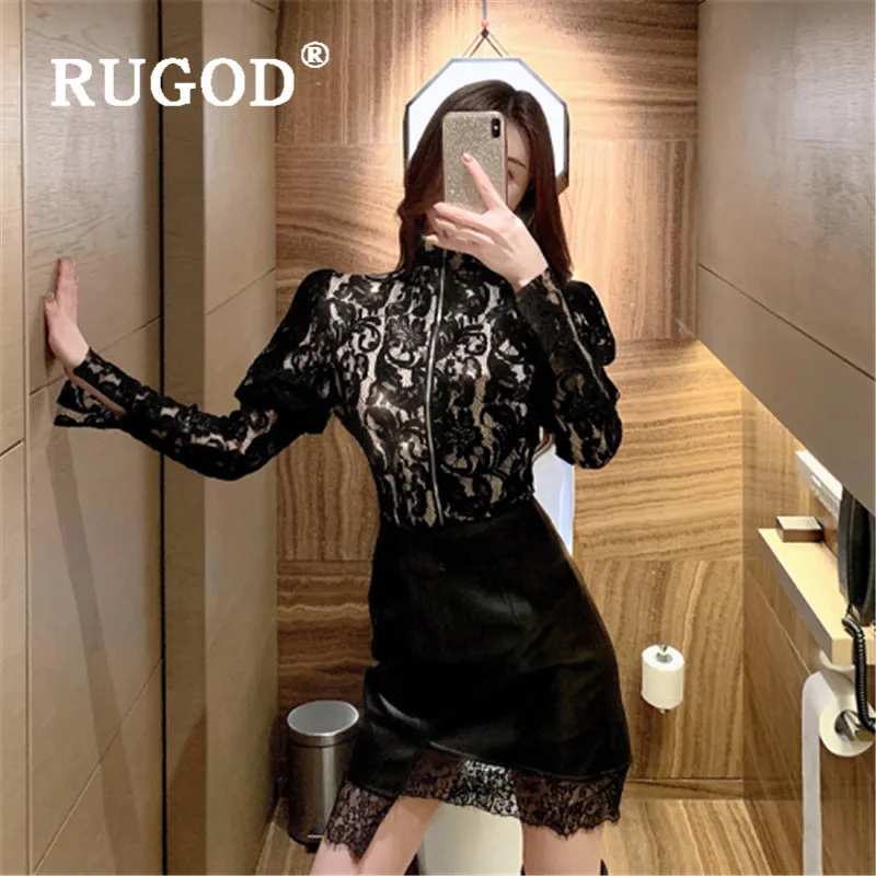 RUGOD2020 Весенняя кружевная блузка женские блузки с длинным рукавом элегантный топ корейская модная одежда женские рубашки черная рубашка со стоячим воротником