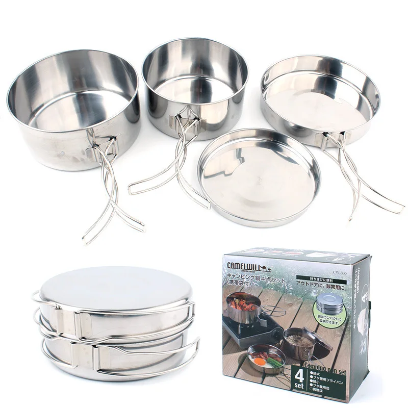 

Outdoor Camping 4-Piece Cookware Stainless Steel Combination Cookware Camping Kitchenware Mountaineering Picnic Cooker Bowl Set